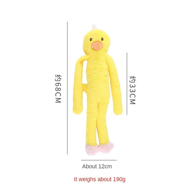 Pink and yellow plush dog toy with rattle sound and teeth cleaning design for large breeds