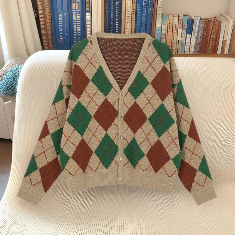 Casual knitted cardigan coat in a selection of colours including pink, green, and khaki, shown on a model.