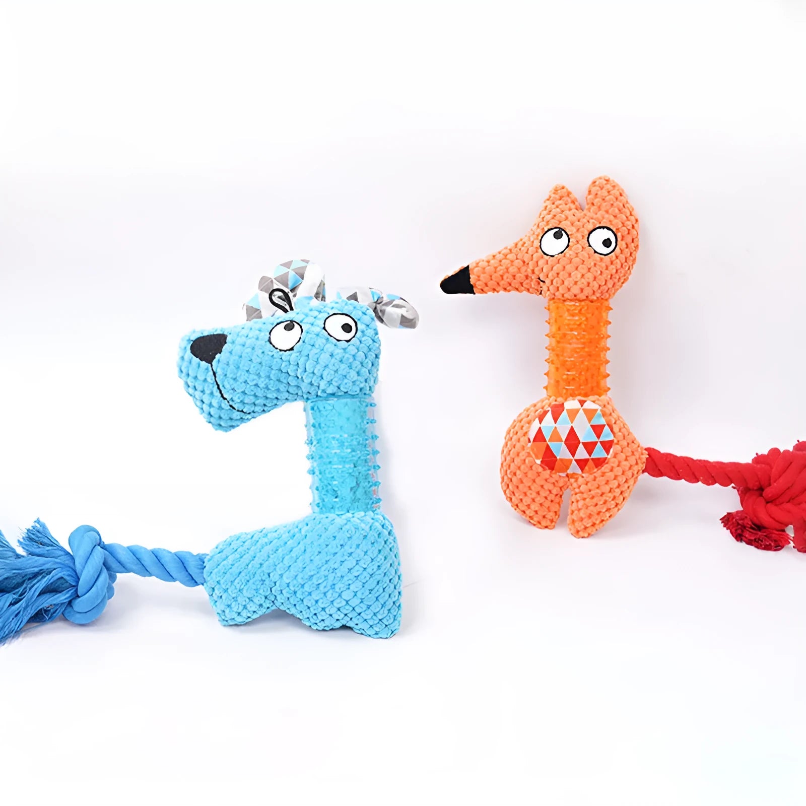 Blue TPR corn kernel dog toy in Fox shape with attached cotton rope tail