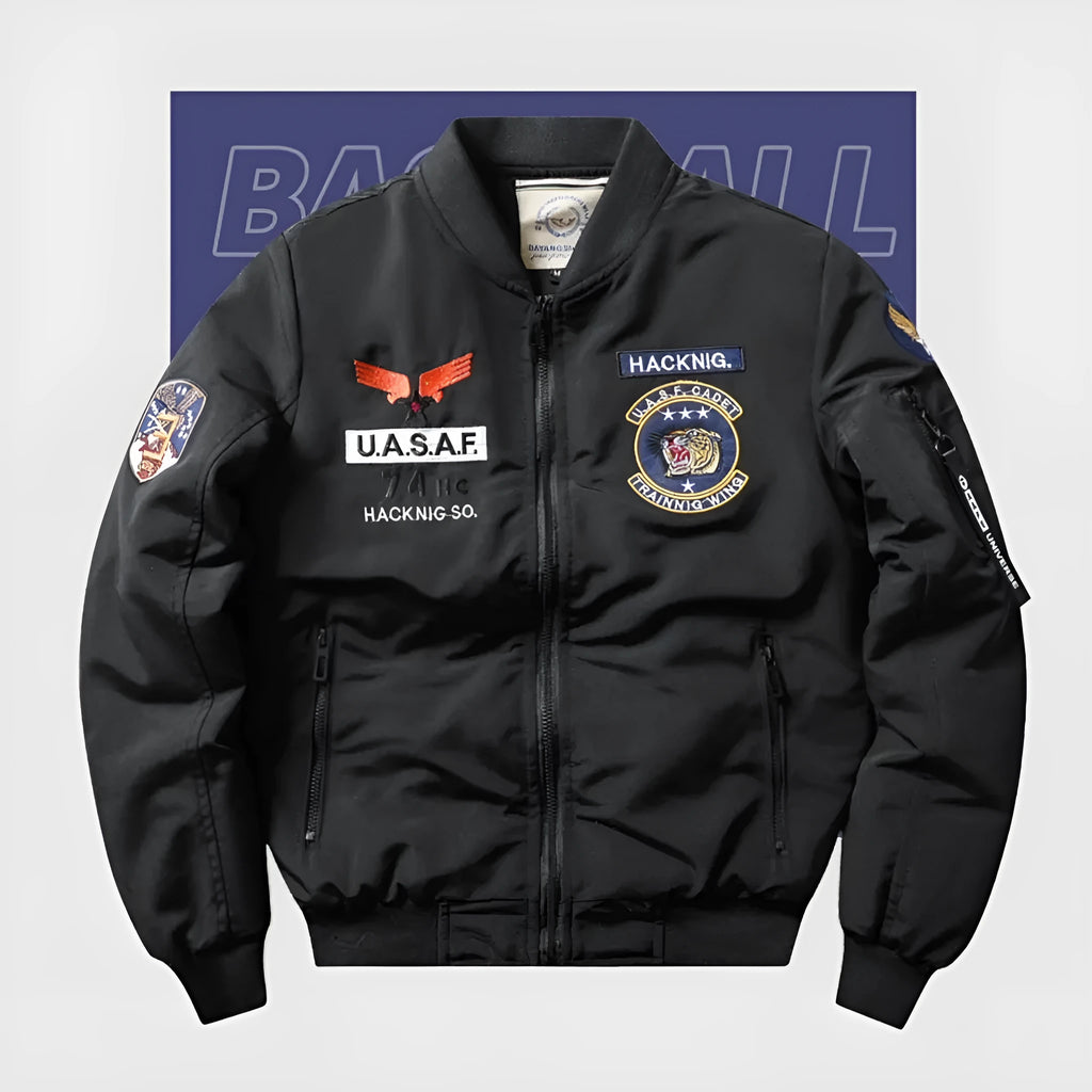 Men's slim-fit black retro Harley Davidson cotton padded coat with stand collar and embroidery.