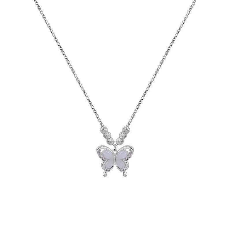 Square-set opal butterfly pendant on a cross chain, sterling silver women's adjustable necklace.