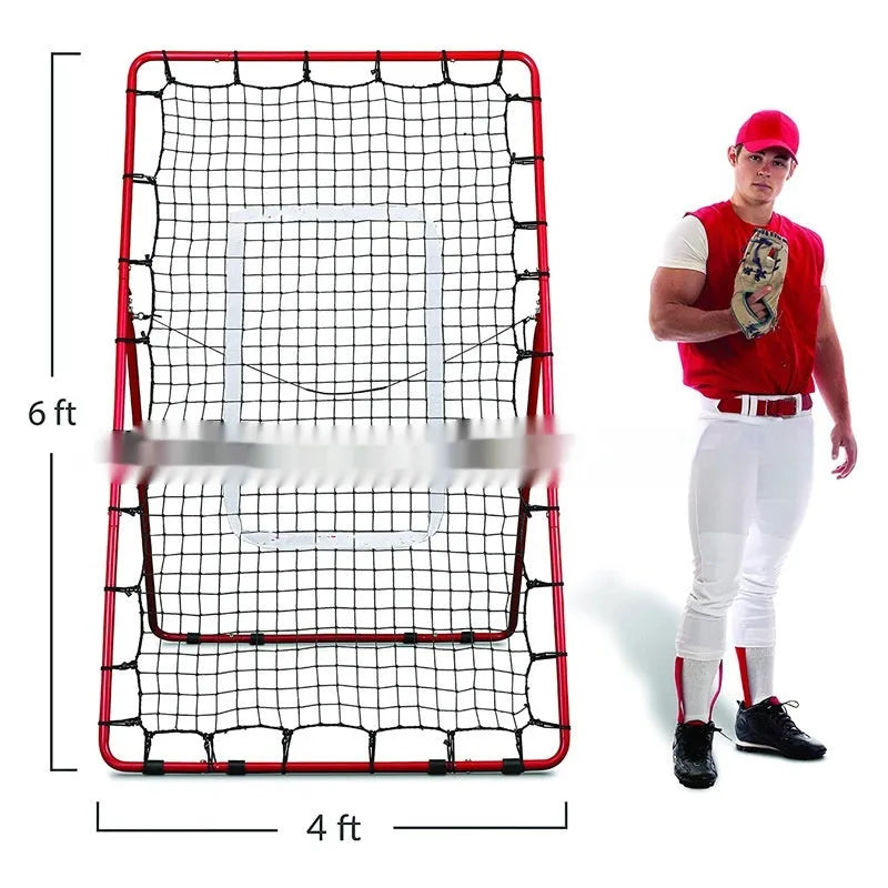 Red 4x6ft baseball training net with adjustable metal frame for sports practice