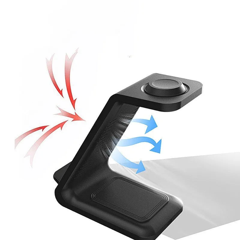 White 3-in-1 upright wireless phone charger with dual coil technology and Type-C cable