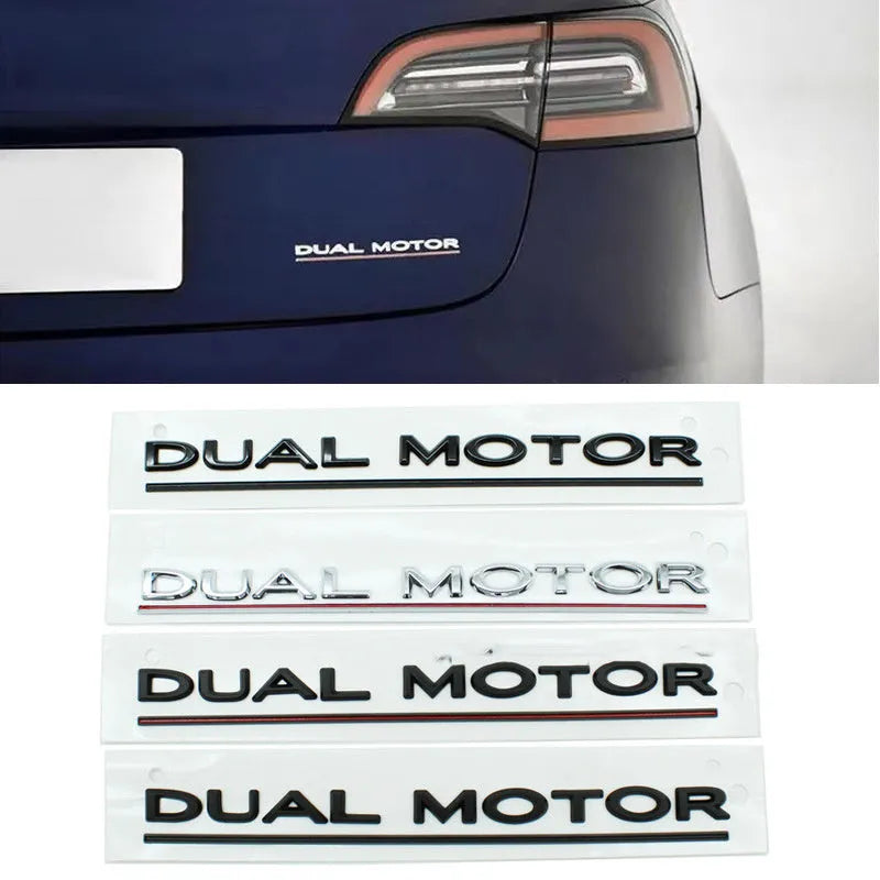 Tesla Model 3 dual motor performance sticker in black and red on a car bumper
