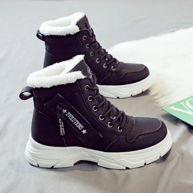 Women's plus size fleece-lined tall snow boots with mid heel and round toe in three colour options