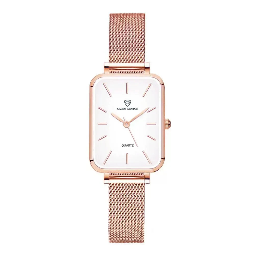 Women's waterproof quartz watch with woven steel strap and alloy case in rose gold or silver
