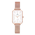 Women's waterproof quartz watch with woven steel strap and alloy case in rose gold or silver
