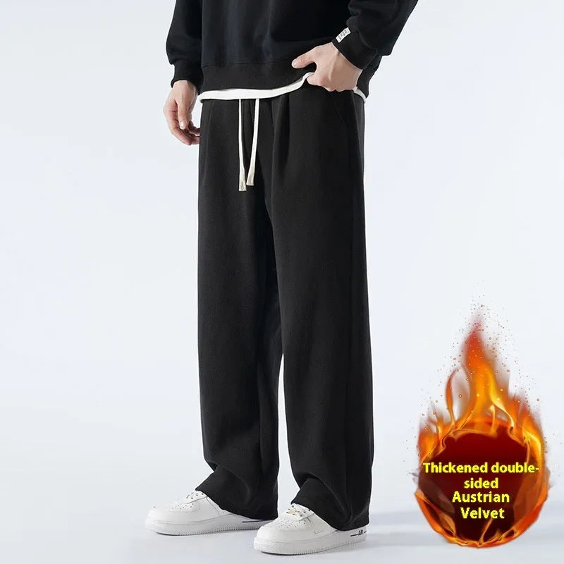 Men's double-sided polar fleece sports casual pants with fleece-lined thickening in apricot colour