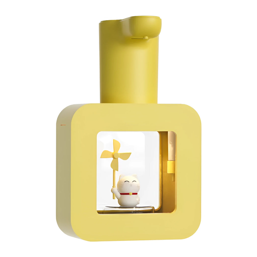 Yellow automatic soap dispenser with cartoon unicorn design for children's bathroom use