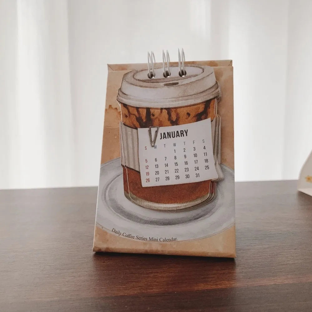Coffee mini desk calendar 2025 set showing four different themed designs