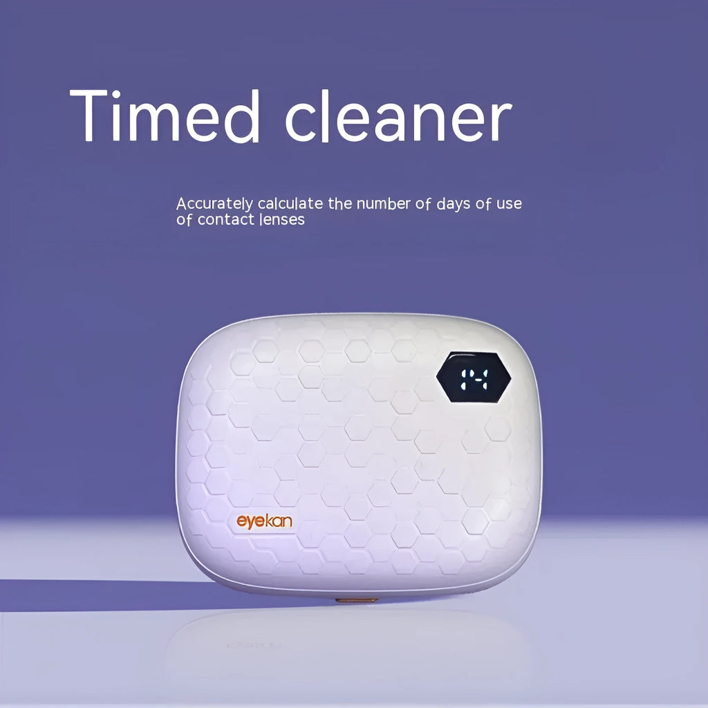 Automatic ultrasonic glasses cleaning machine in pearl white, blue, or pink colours showing compact 85x65x30mm dimensions