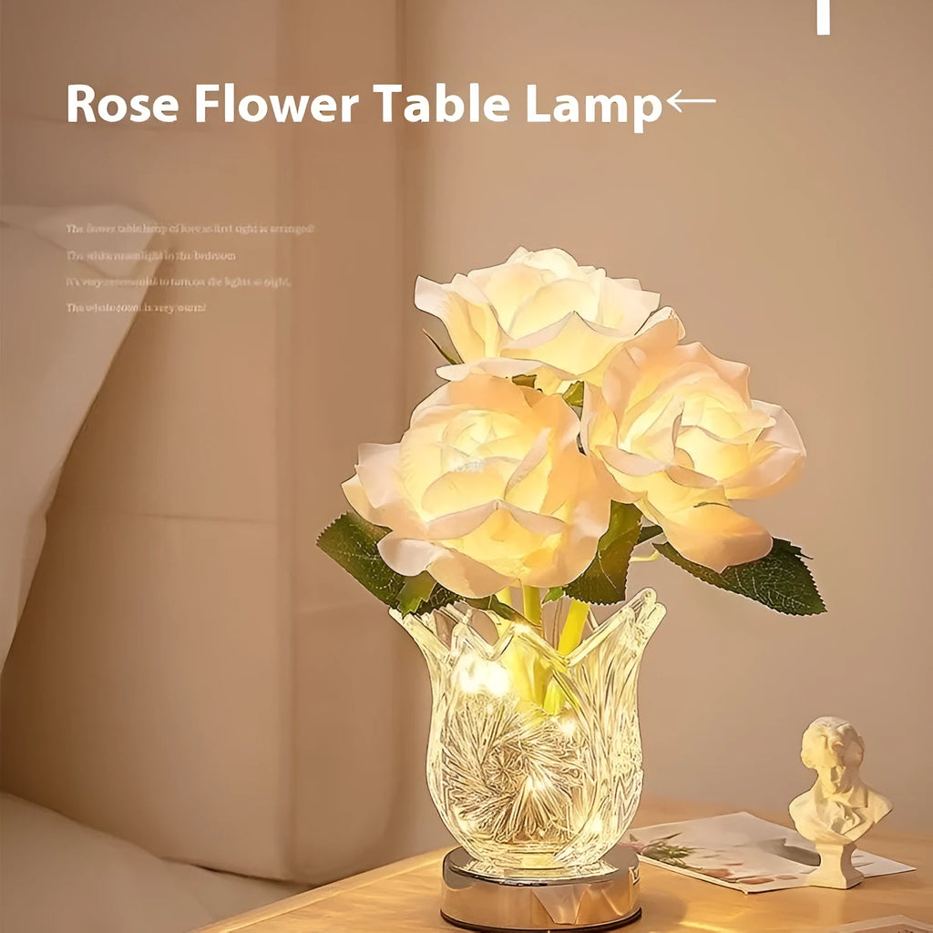 Modern crystal flowers rechargeable touch table lamp with dimming function on bedside table