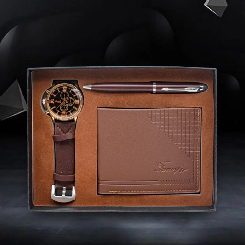Business gift set containing wallet, pen and watch in modern simple style gift box
