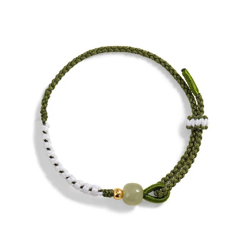Chinese national bracelet with Hetian jade, sterling silver, and colourful cord carrying strap