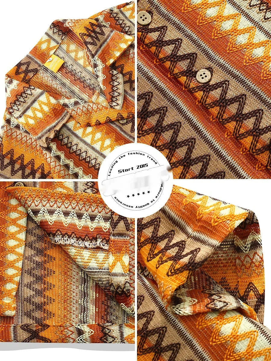 Ethnic pattern Cuban collar shirt in loose fit with contrasting colours and drop-shoulder sleeves