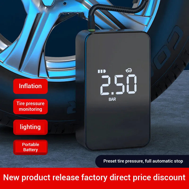 Wireless digital display tyre inflator pump with large screen showing pressure reading