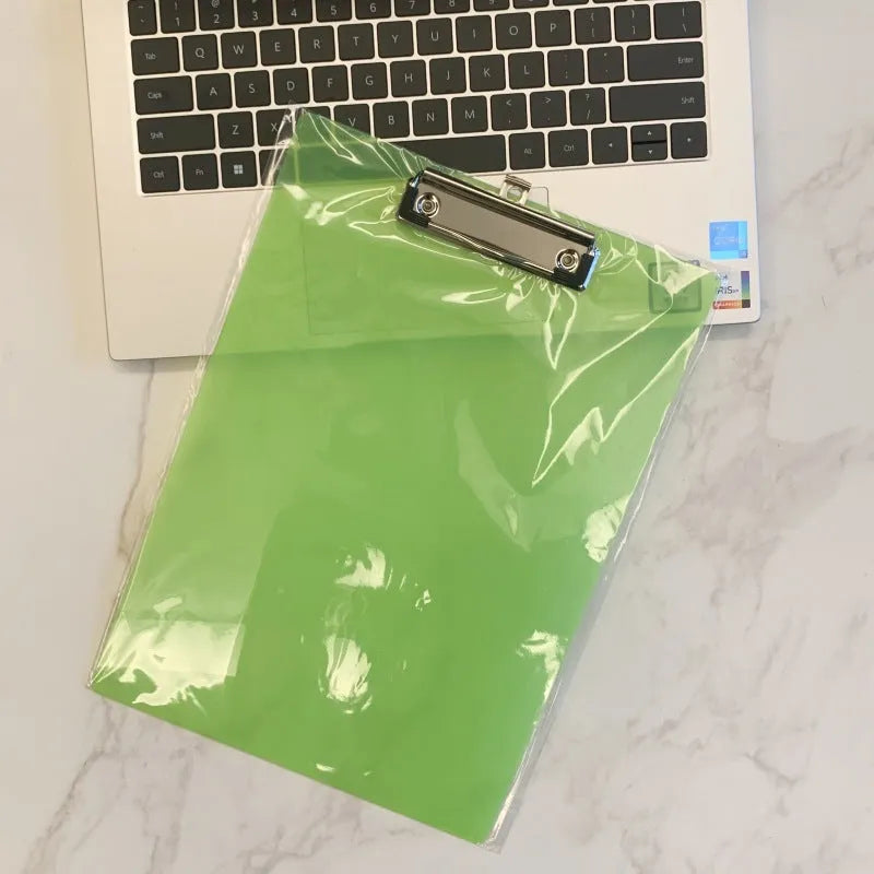 Transparent A4 plate holder with metal clip in blue, green, red, and white colour options