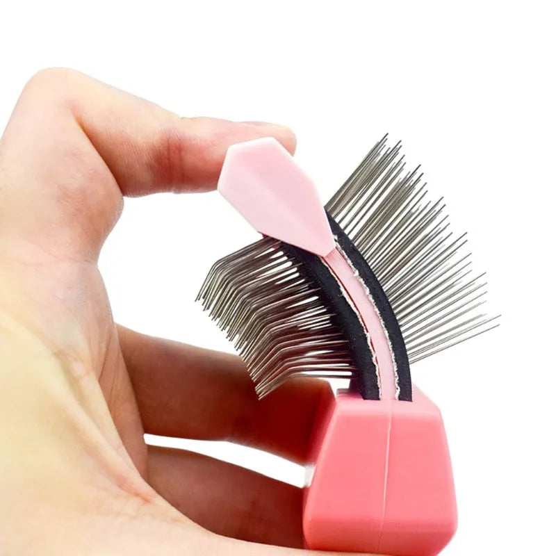 Double-sided dog grooming brush with stainless steel pins in blue or pink colour options
