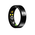 Black ceramic smart ring for heart rate, blood oxygen, and sleep monitoring on a finger.