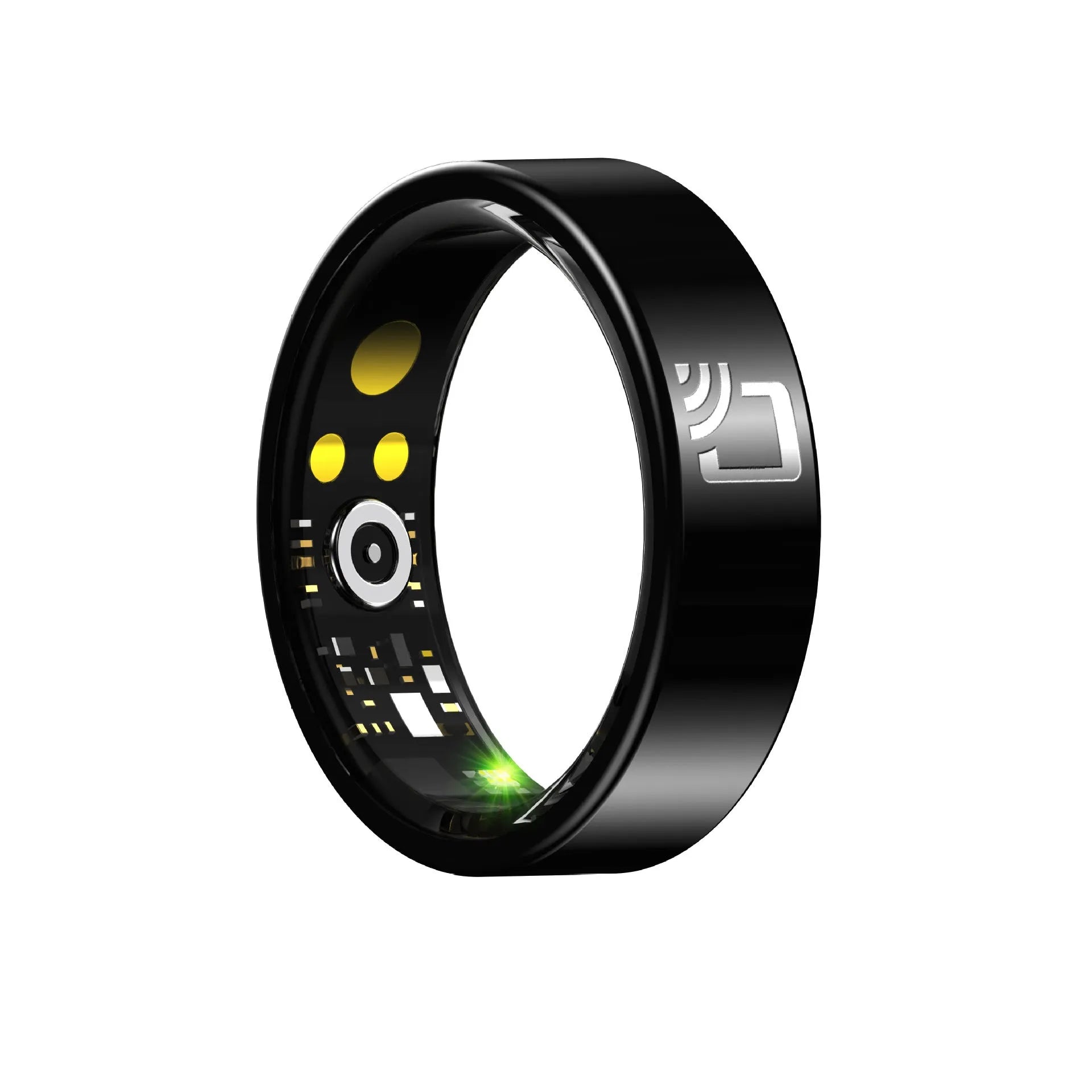 Black ceramic smart ring for heart rate, blood oxygen, and sleep monitoring on a finger.