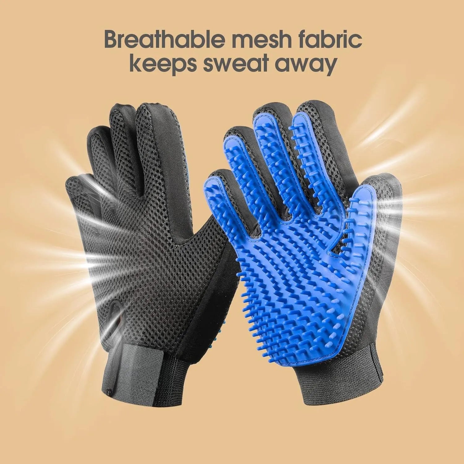 Blue pet grooming gloves with silicone tips for brushing cats and dogs