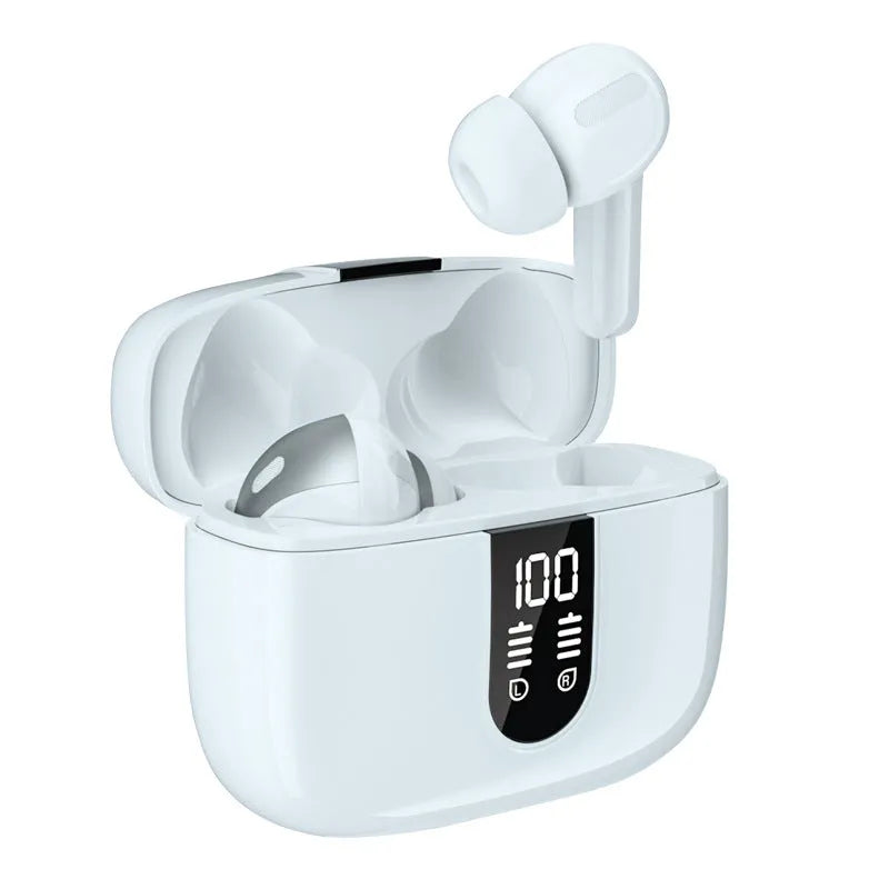 Jerry X08 black wireless in-ear headphones with digital display next to their USB charging case.