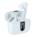 Jerry X08 black wireless in-ear headphones with digital display next to their USB charging case.