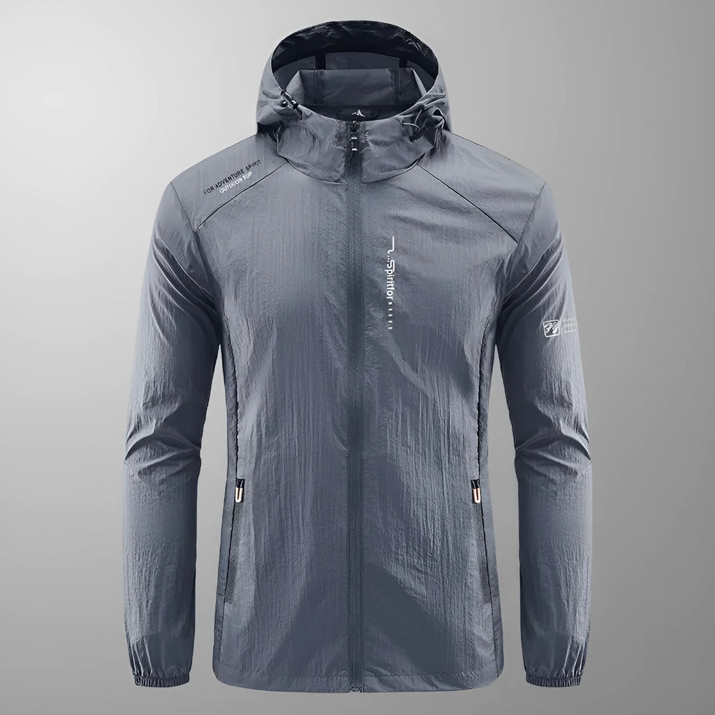 Men's light grey loose fit nylon hooded summer jacket on a hanger