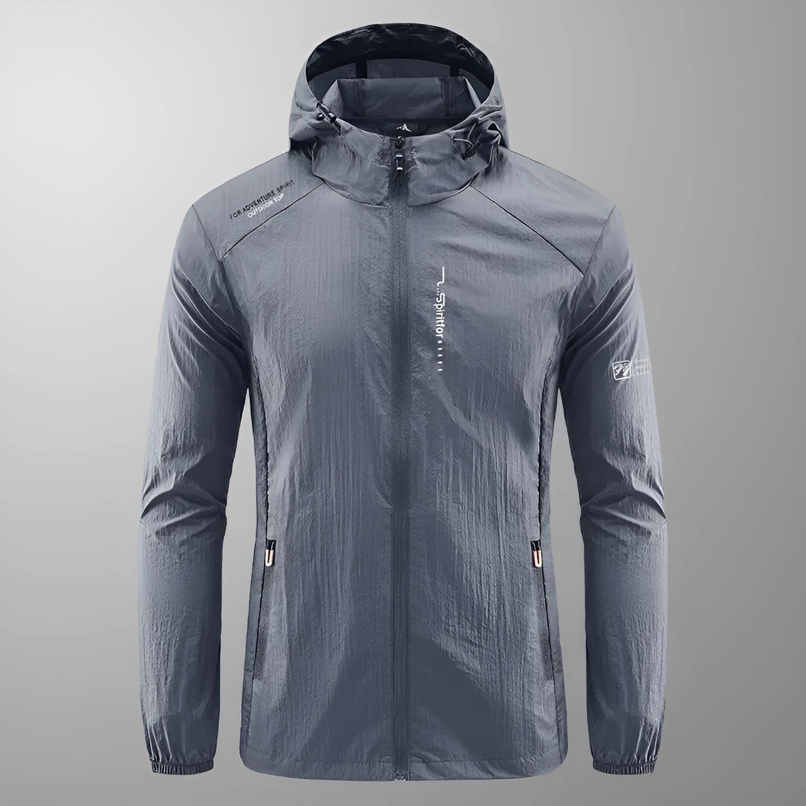 Men's light grey loose fit nylon hooded summer jacket on a hanger