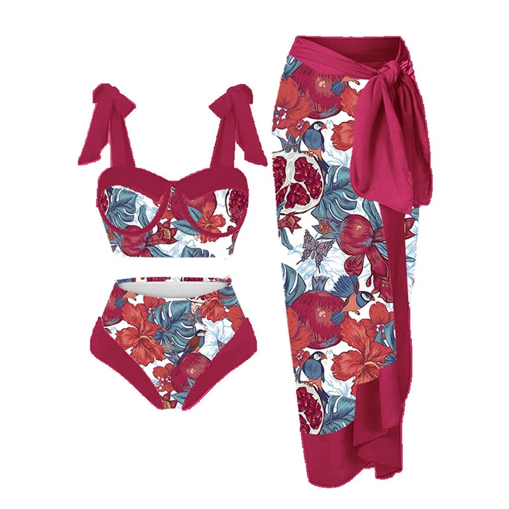 Women's pink printing split swimsuit three-piece set with separate skirt, bra and panties on mannequin