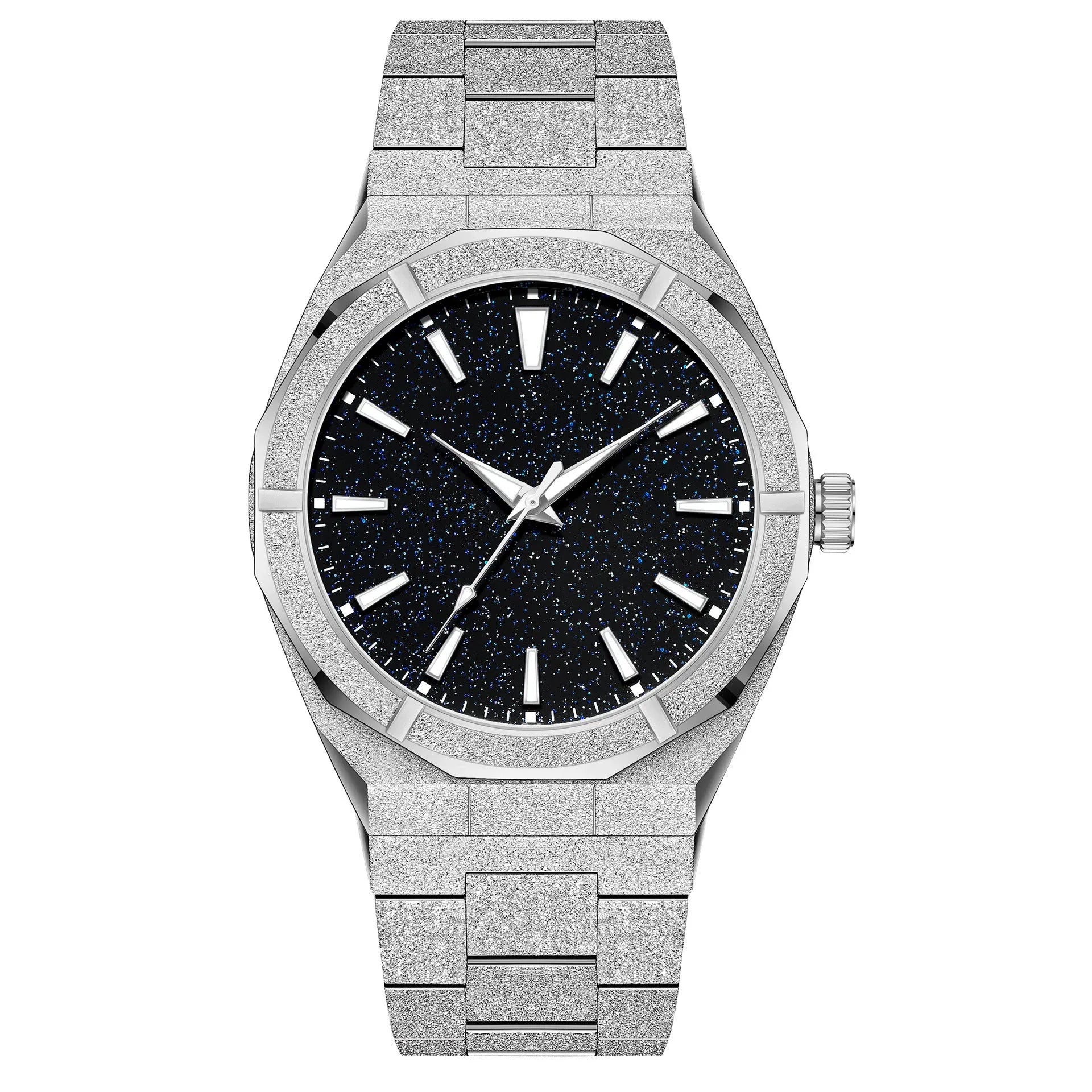 Business men's watch with frosted stainless steel case and luminous hands in silver colour