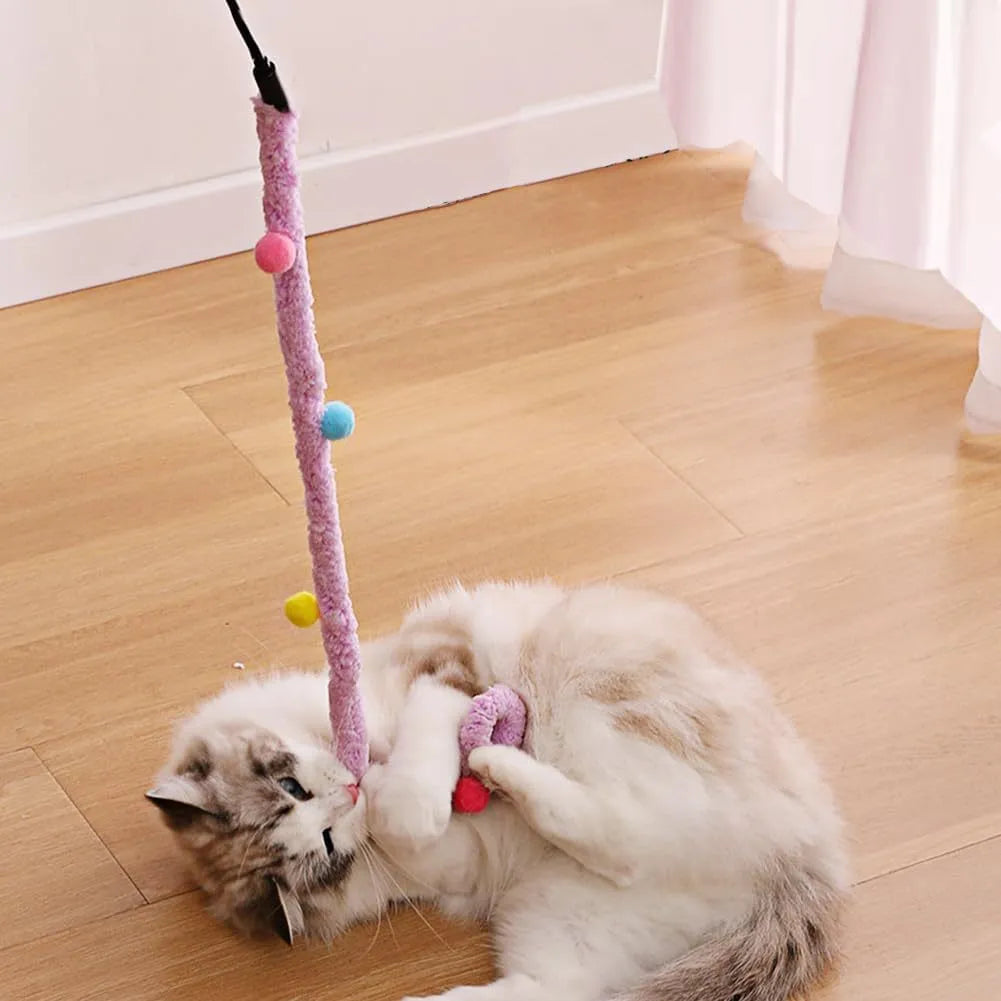 Blue cat wand toy with long plush strip and fluffy ball with bell