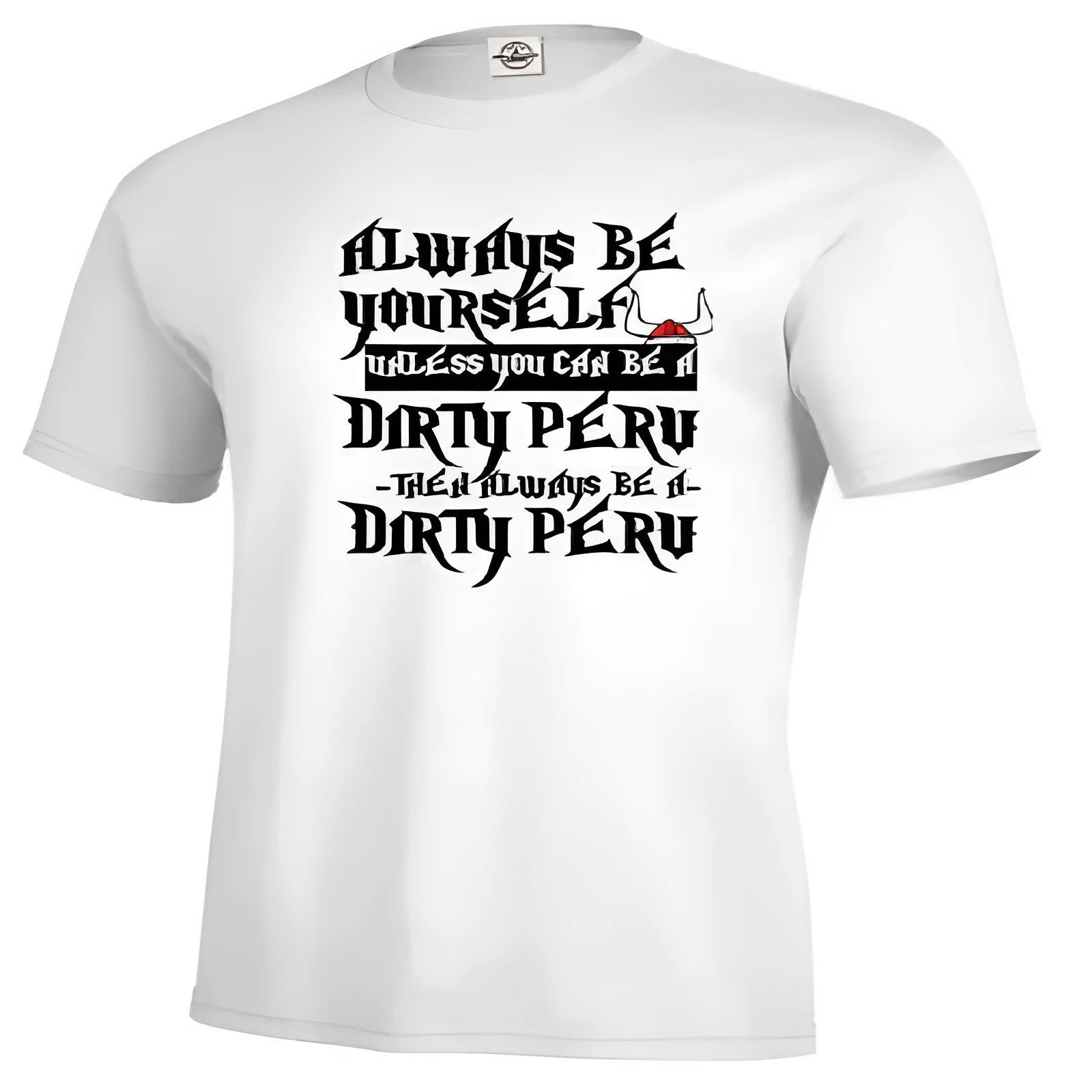 Men's solid white short sleeve casual top with a printed design, laid flat.