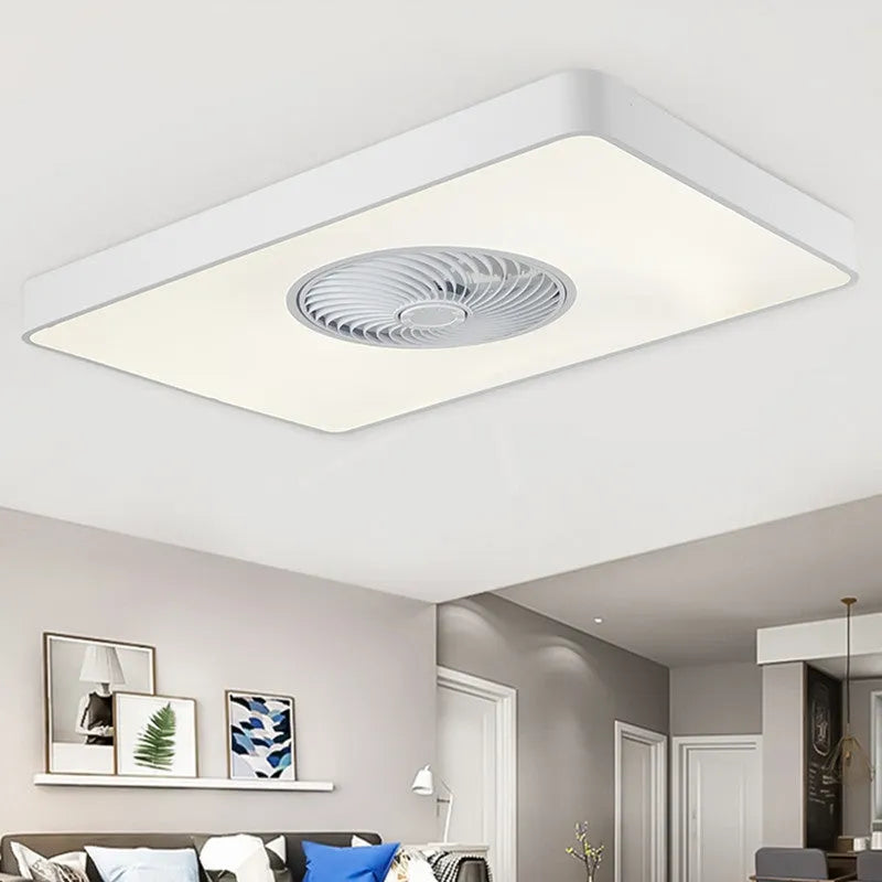 Nordic style ceiling fan with light fixture showing solid wood blades and PVC lampshade in rectangular configuration