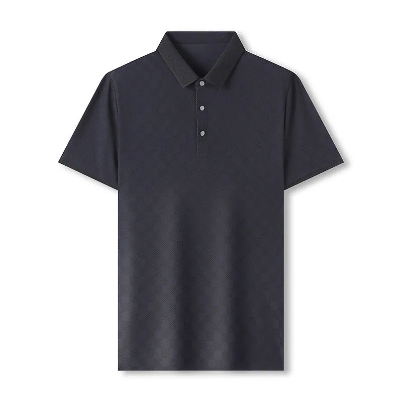 Rhombus patterned thin ice silk short sleeve T-shirt in black, showing V-neck and slit design detail.