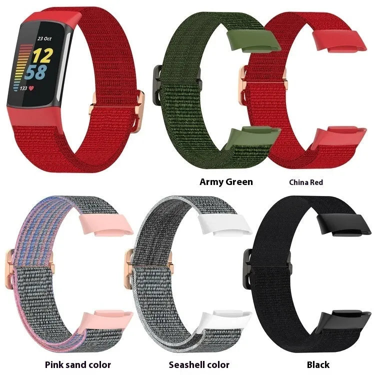 Elastic nylon woven canvas watch band for Fitbit Charge 5 and 6 in Army Green colour