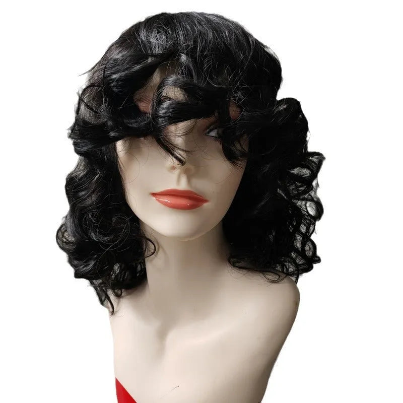 Black synthetic Afro wig with long curly texture measuring 30cm, heat resistant fibres