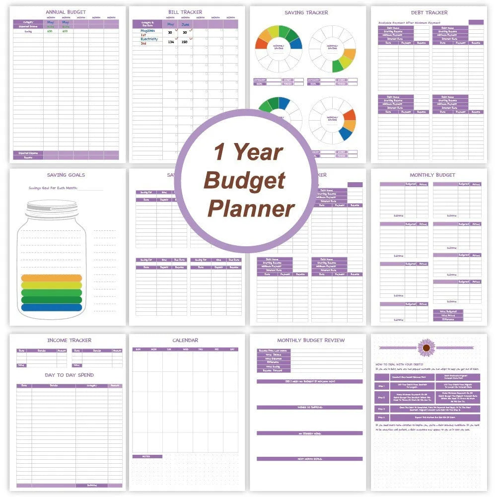 Purple coil-bound budget book set with pen, stickers and paper clips for financial planning