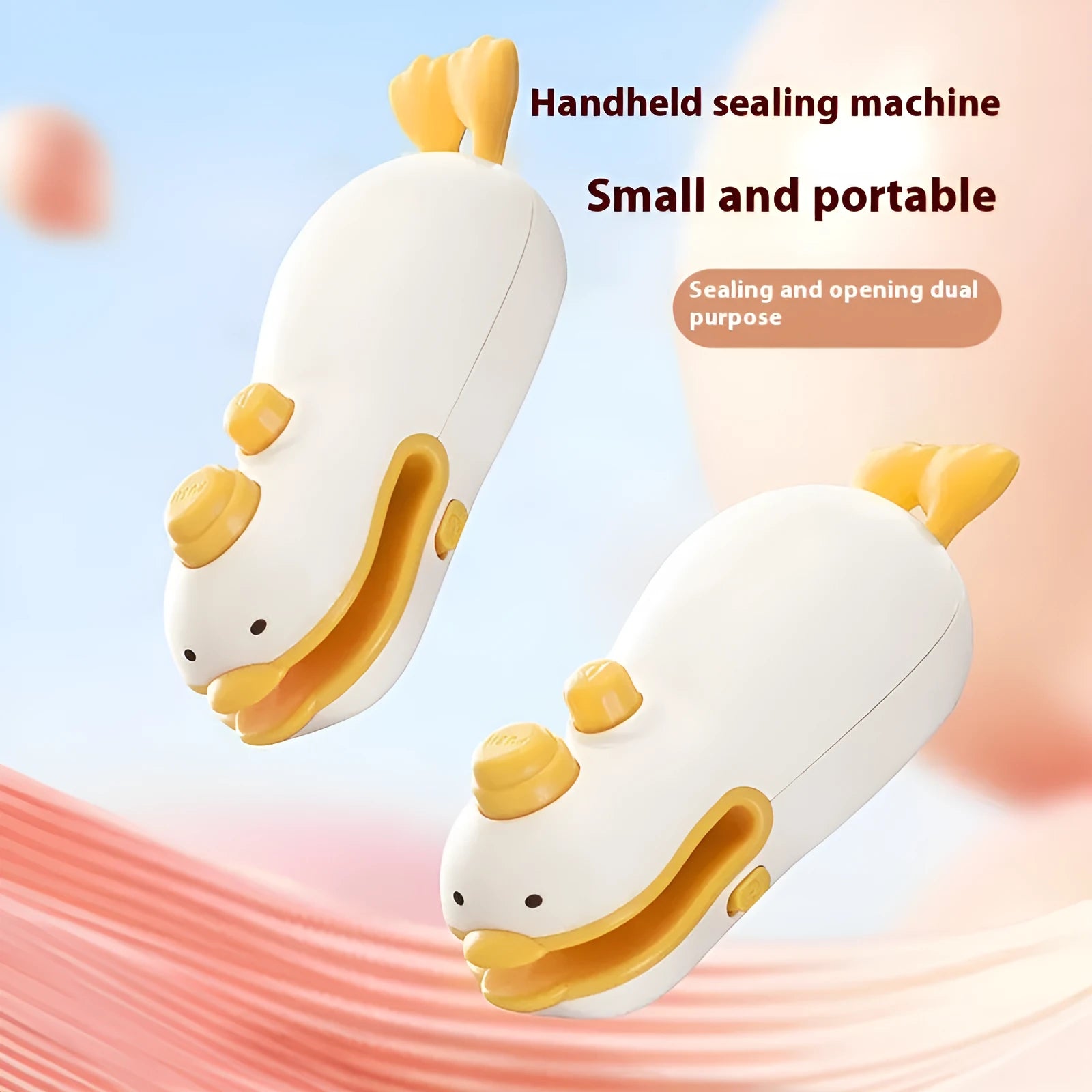Small yellow duck themed rechargeable sealing machine with animal jacquard design and USB charging cable