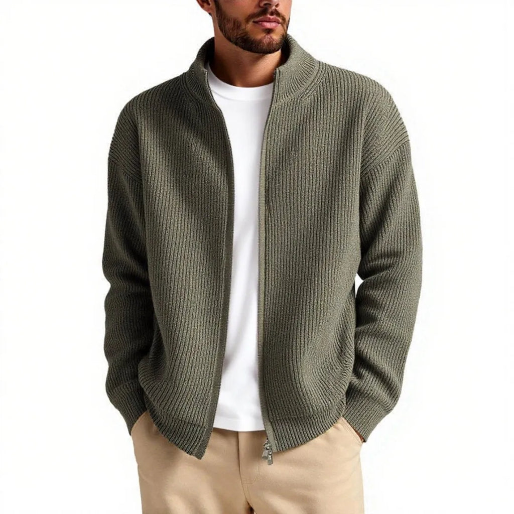 Men's loose fit cardigan sweater coat in acrylic blend fabric, shown in grey colour