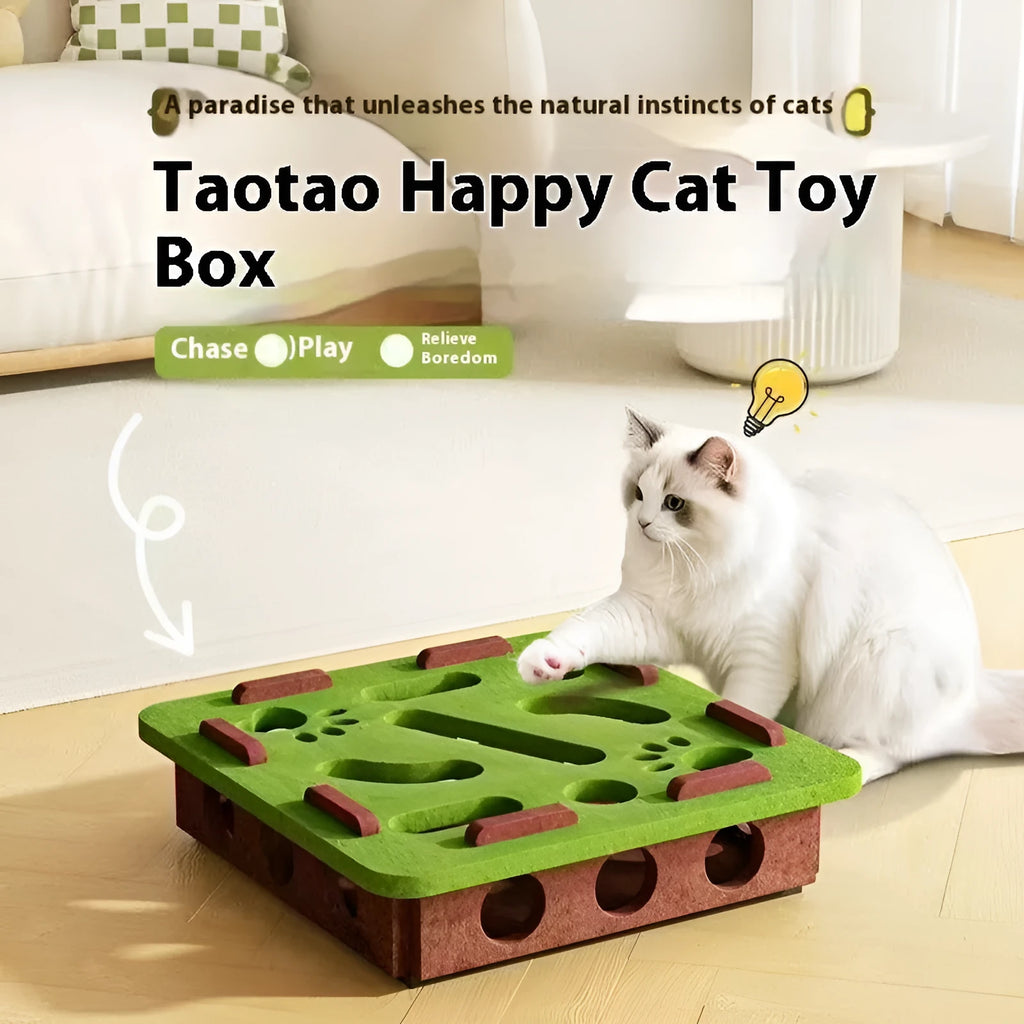 Square green brown felt cat toy box with hole for pawing play
