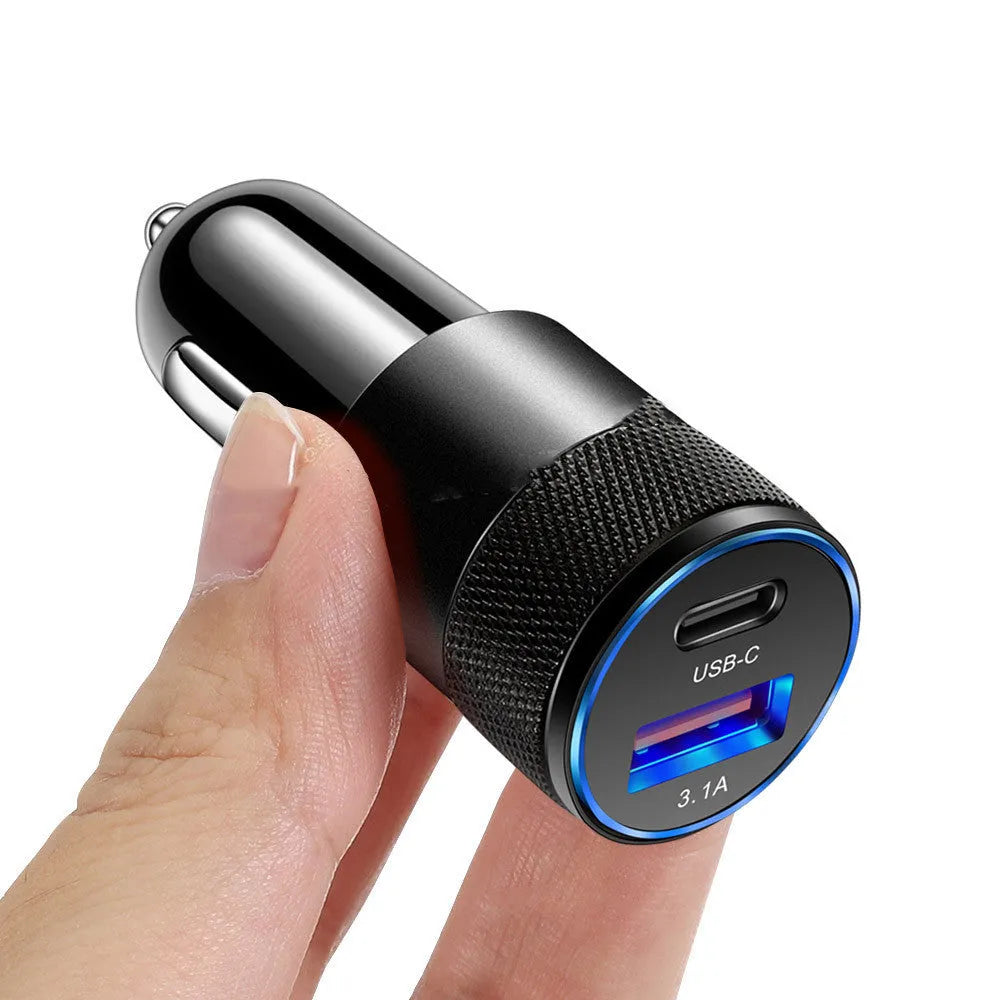 Aluminium alloy car charger with 12V input voltage measuring 2.5 by 6cm