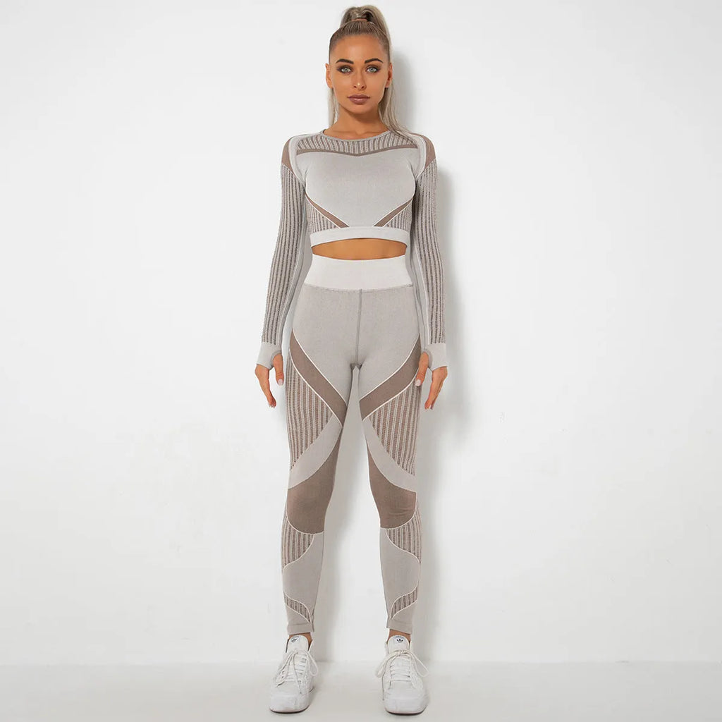 Women's seamless knitted long sleeve yoga wearsuit in a striped pattern, shown in a neutral colour.