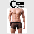Men's thin sheer mesh boxer briefs in low waist design, shown in multiple colours including black, white, and sapphire blue.