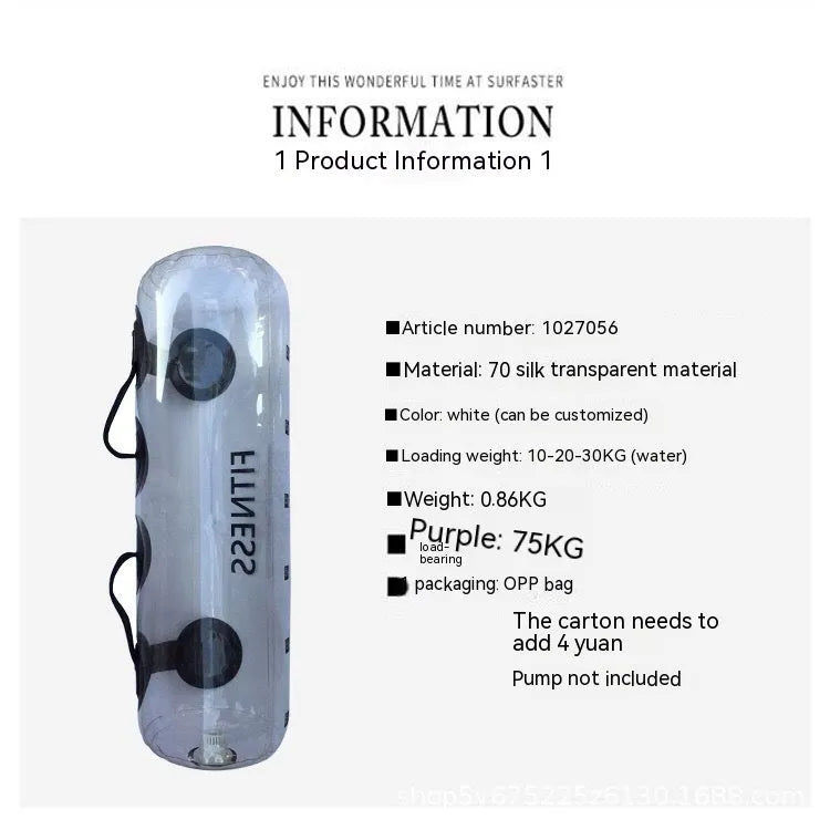 Transparent PVC water dumbbell training bag showing adjustable weight water injection system