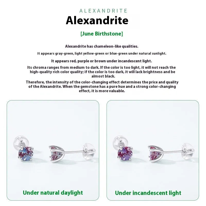 925 sterling silver ear studs with round cultivated Alexandrite stone in geometric setting.