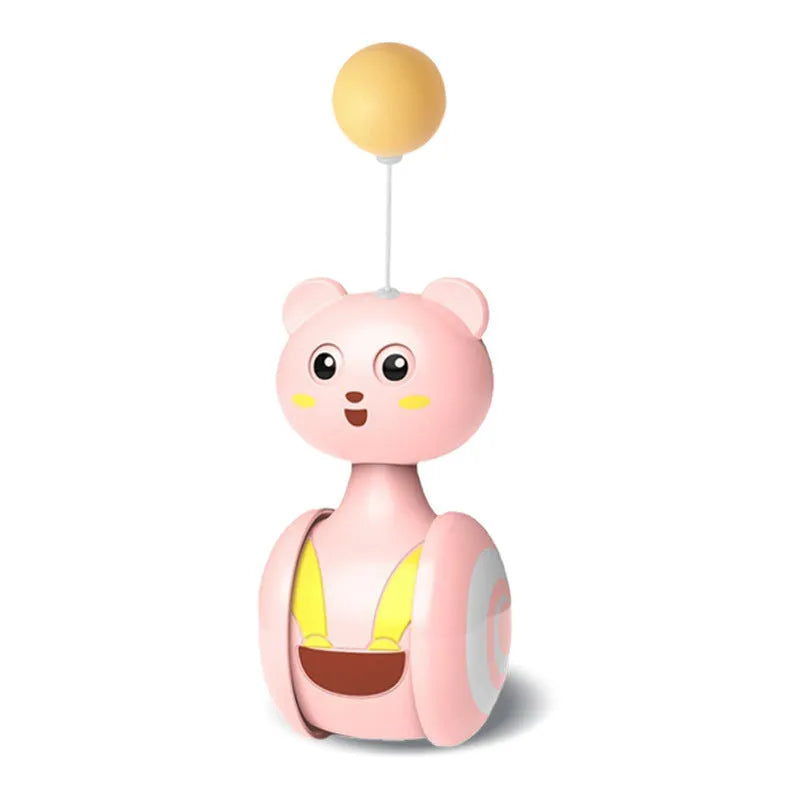 Pink and blue cat tumbler toy with rotating ball and feather wand options on a plain background.