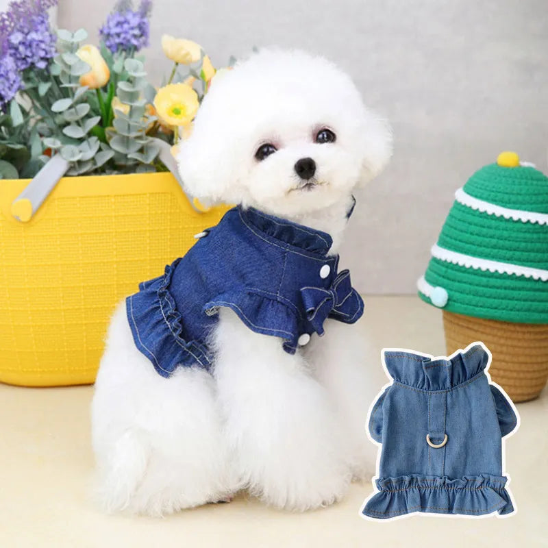 Dark blue denim pet dress with ruffled vest design and leash hook for dogs and cats