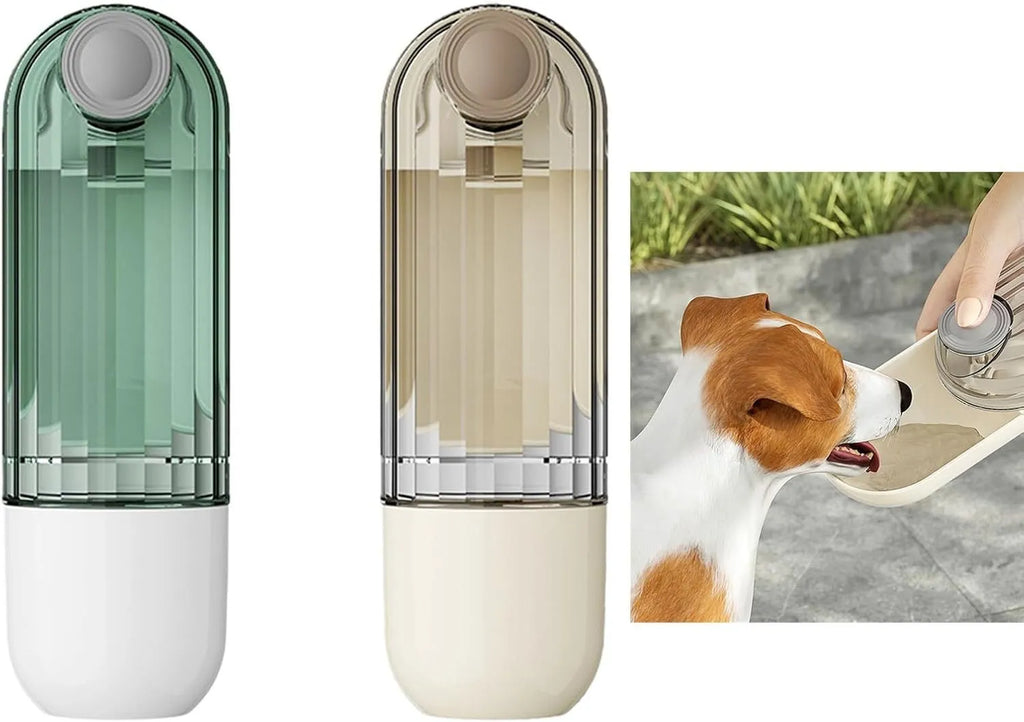 Beige foldable dog water bottle with integrated food container, shown with press-button tray.