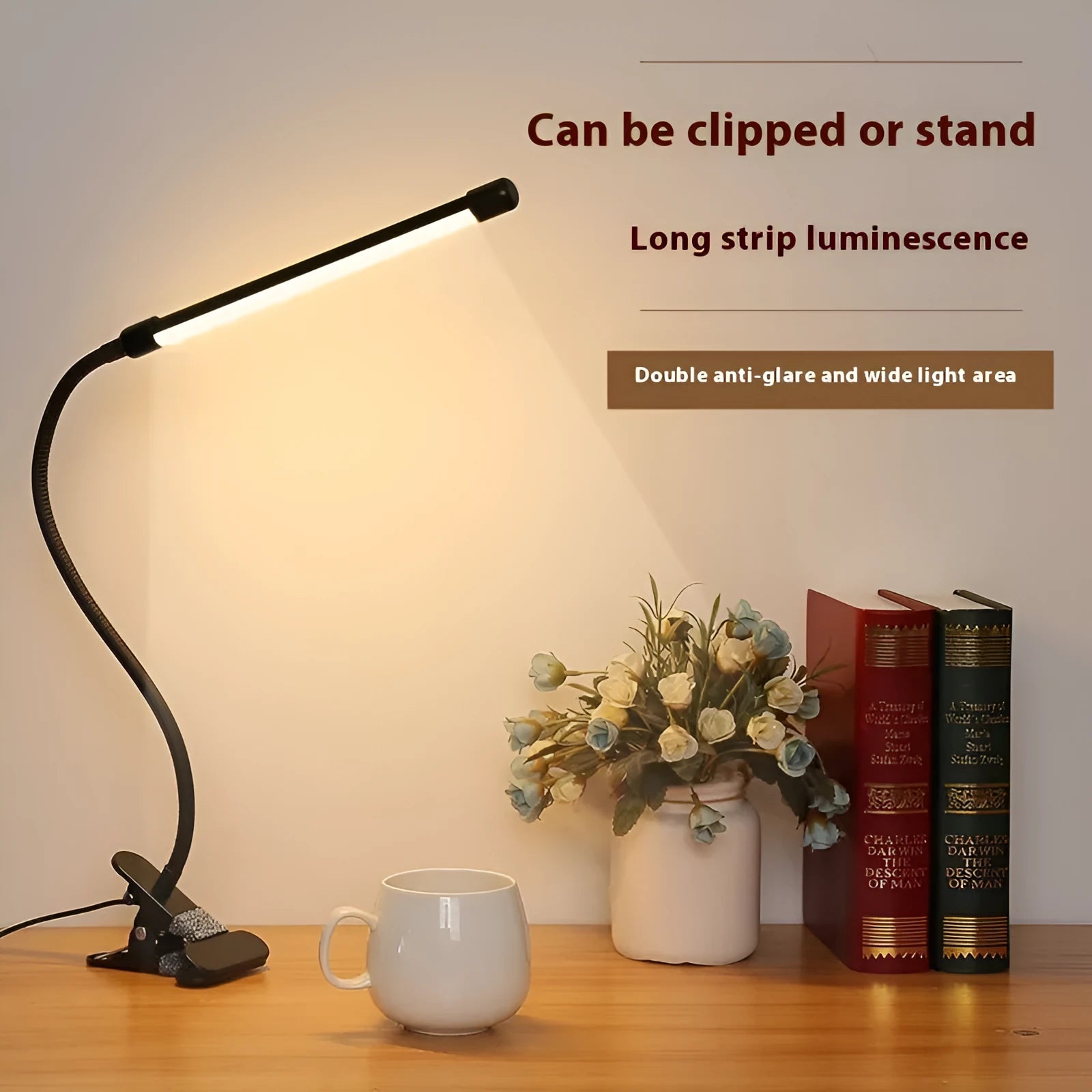 Black and white 26cm USB-powered LED desk lamp for student study use